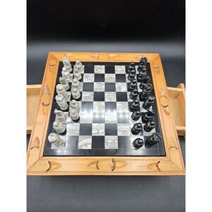 Hand Carved Wooden Marble Chess Board Set w/2 Drawers White Black Onyx Pieces